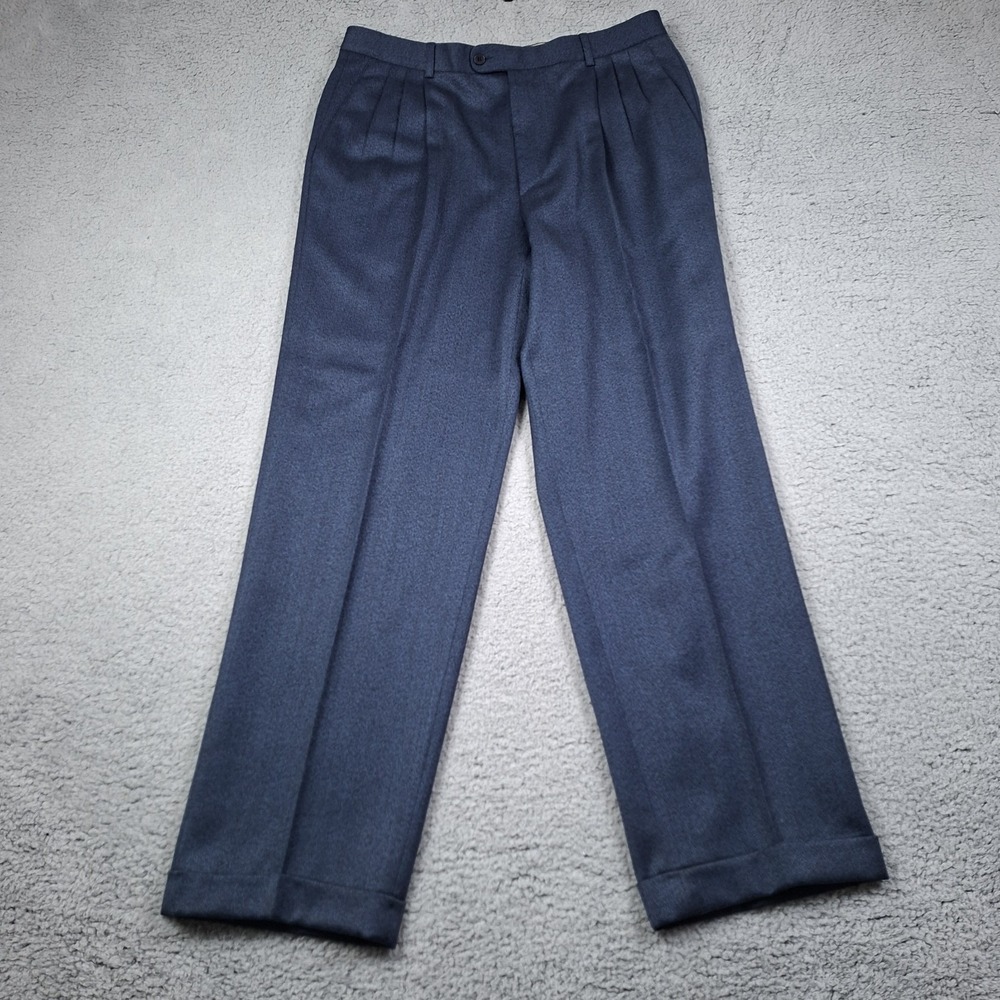 Zanella Dress Pants Mens 36x33 Navy Blue 100% Wool Pleated Cuffed Italy Flannel